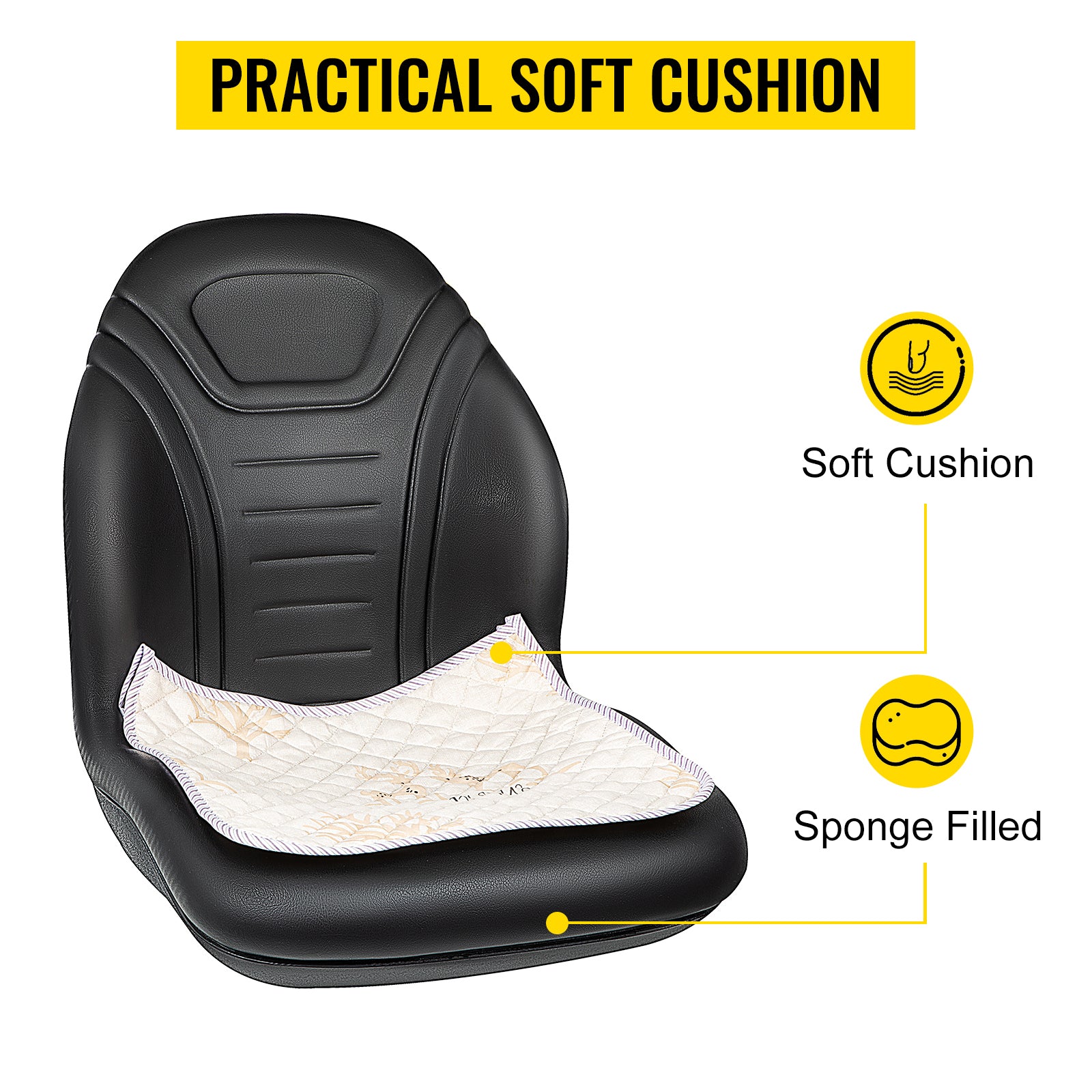 Universal Lawn Tractor Seat Replacement, Compact High Back Mower Seat, Black Vinyl Forklift Seat, Central Drain Hole Skid Steer Seat with Mounting Bolt Patterns of 8" x 11.5" & 11.25" x 11.5".
