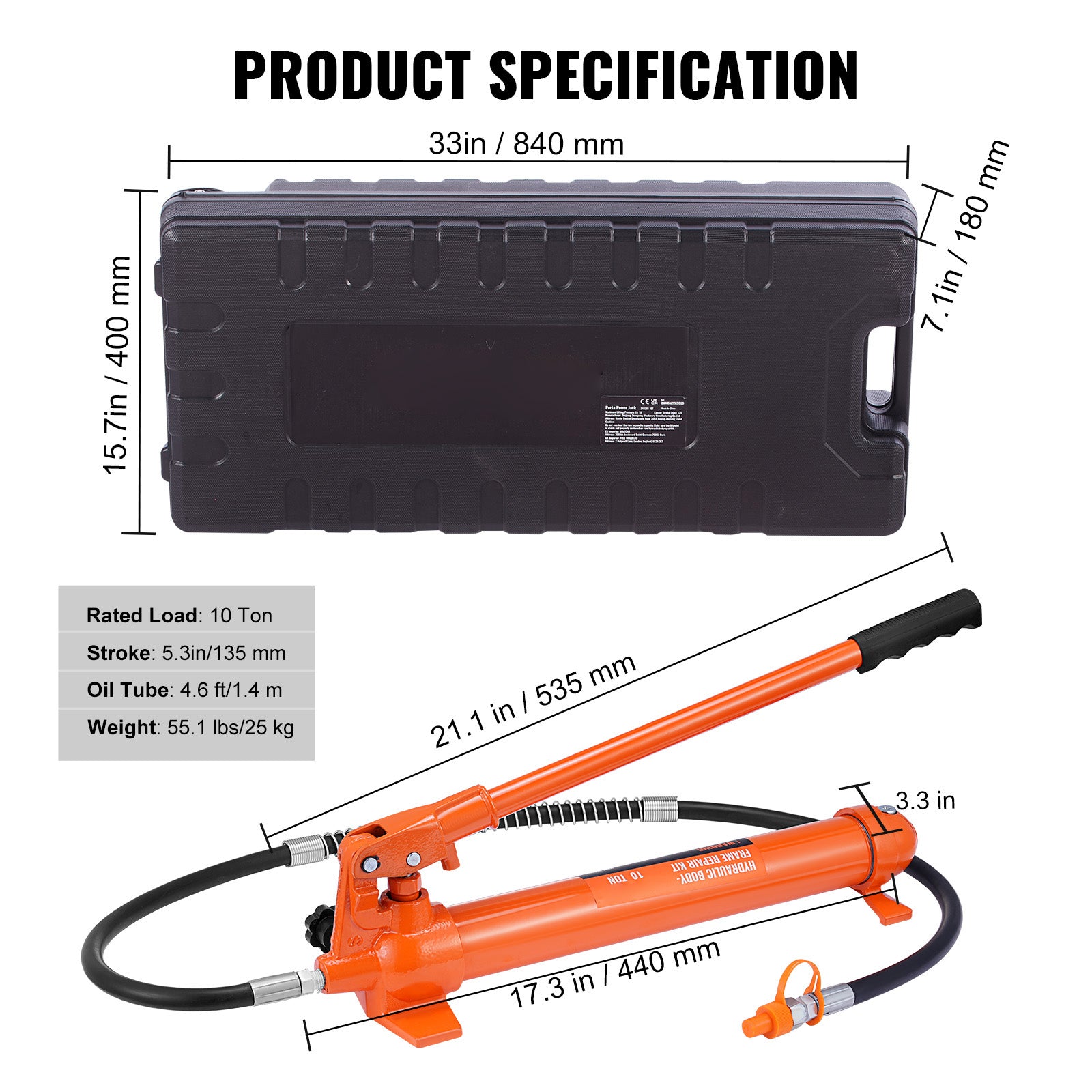 10 Ton Porta Power Kit, Hydraulic Ram with Pump, Car Jack with 4.6 ft/1.4 m Oil Hose, Bent Frame Repair Tool with Storage Case for Automotive, Garage, Heavy Equipment, Mechanic (22046 LBS)