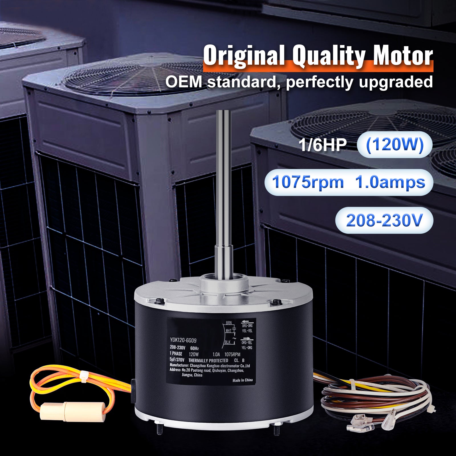 Condenser Fan Motor OGD1016, 1/6 HP 208-230V Condenser Fan Motor 1075RPM, OEM Standard Upgraded Replacement Condenser Motor Reversible Rotating, Explosion-proof CBB65 5μF/370V Capacitor