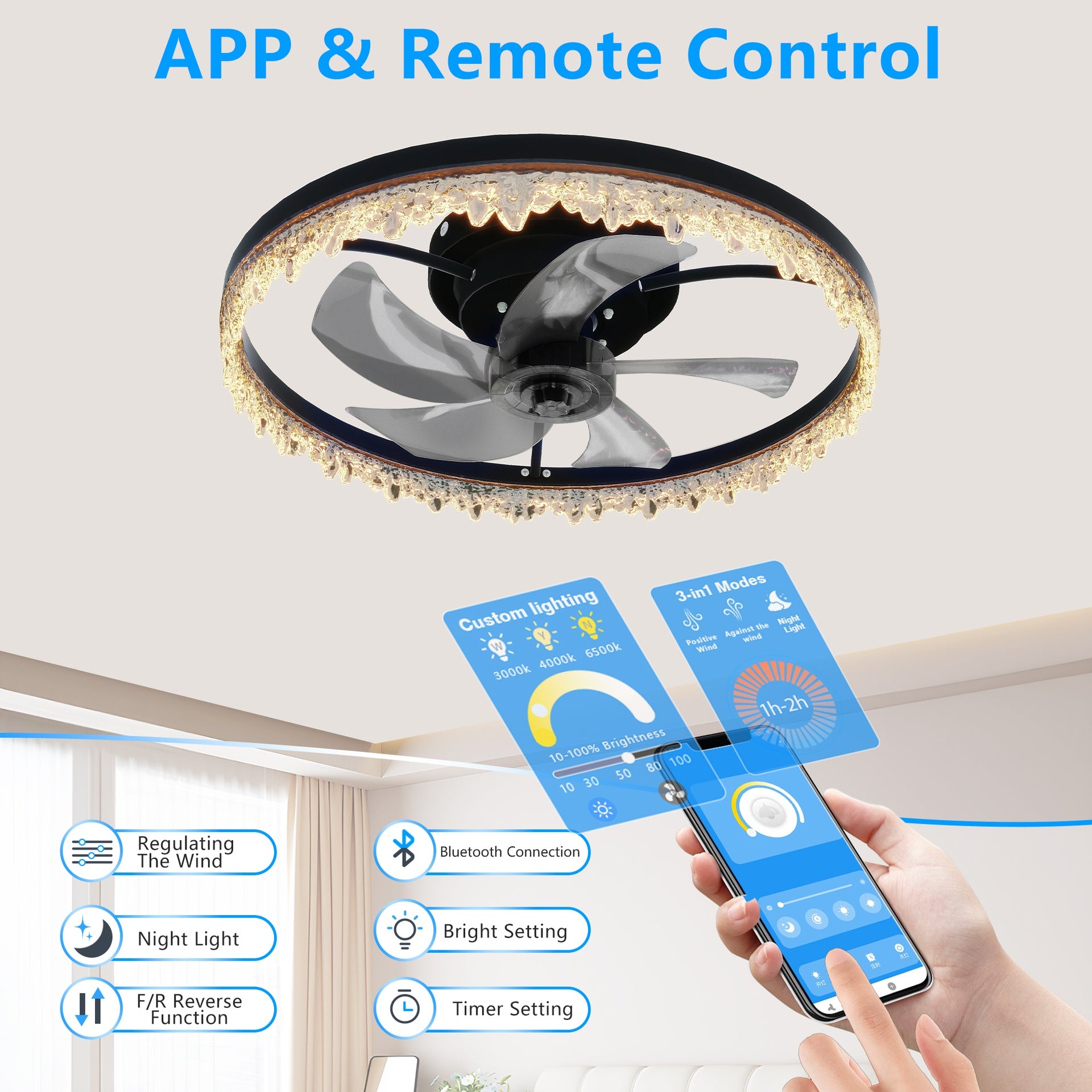 Smart Flush Mount Ceiling Fan with Light – 20-inch Integrated LED Chandelier with 5 Invisible Blades, Remote Control & Timer, Dimmable Lighting, Ultra-Quiet Operation for Bedroom, Living Room, and Din
