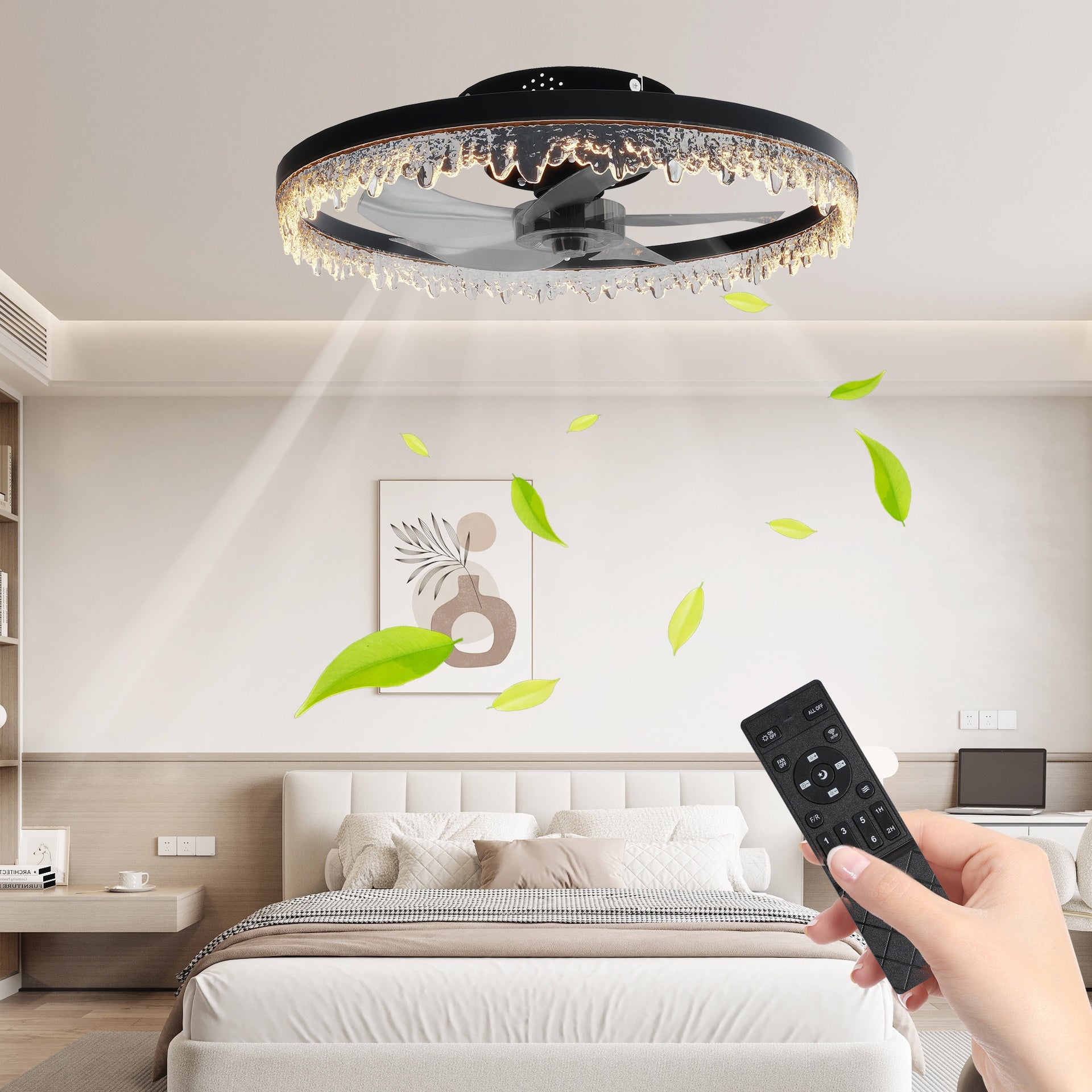 Smart Flush Mount Ceiling Fan with Light – 20-inch Integrated LED Chandelier with 5 Invisible Blades, Remote Control & Timer, Dimmable Lighting, Ultra-Quiet Operation for Bedroom, Living Room, and Din