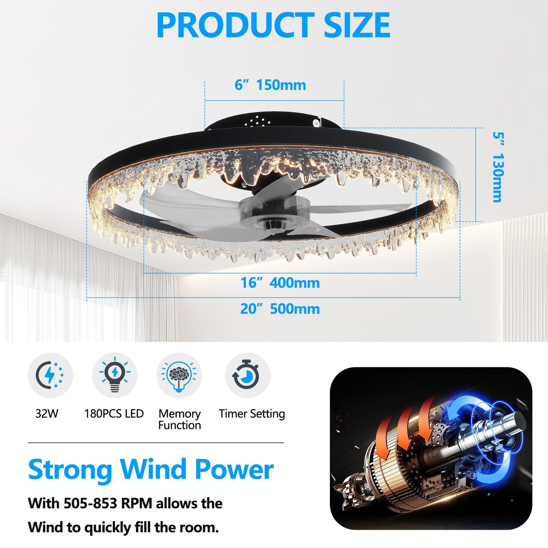 Smart Flush Mount Ceiling Fan with Light – 20-inch Integrated LED Chandelier with 5 Invisible Blades, Remote Control & Timer, Dimmable Lighting, Ultra-Quiet Operation for Bedroom, Living Room, and Din