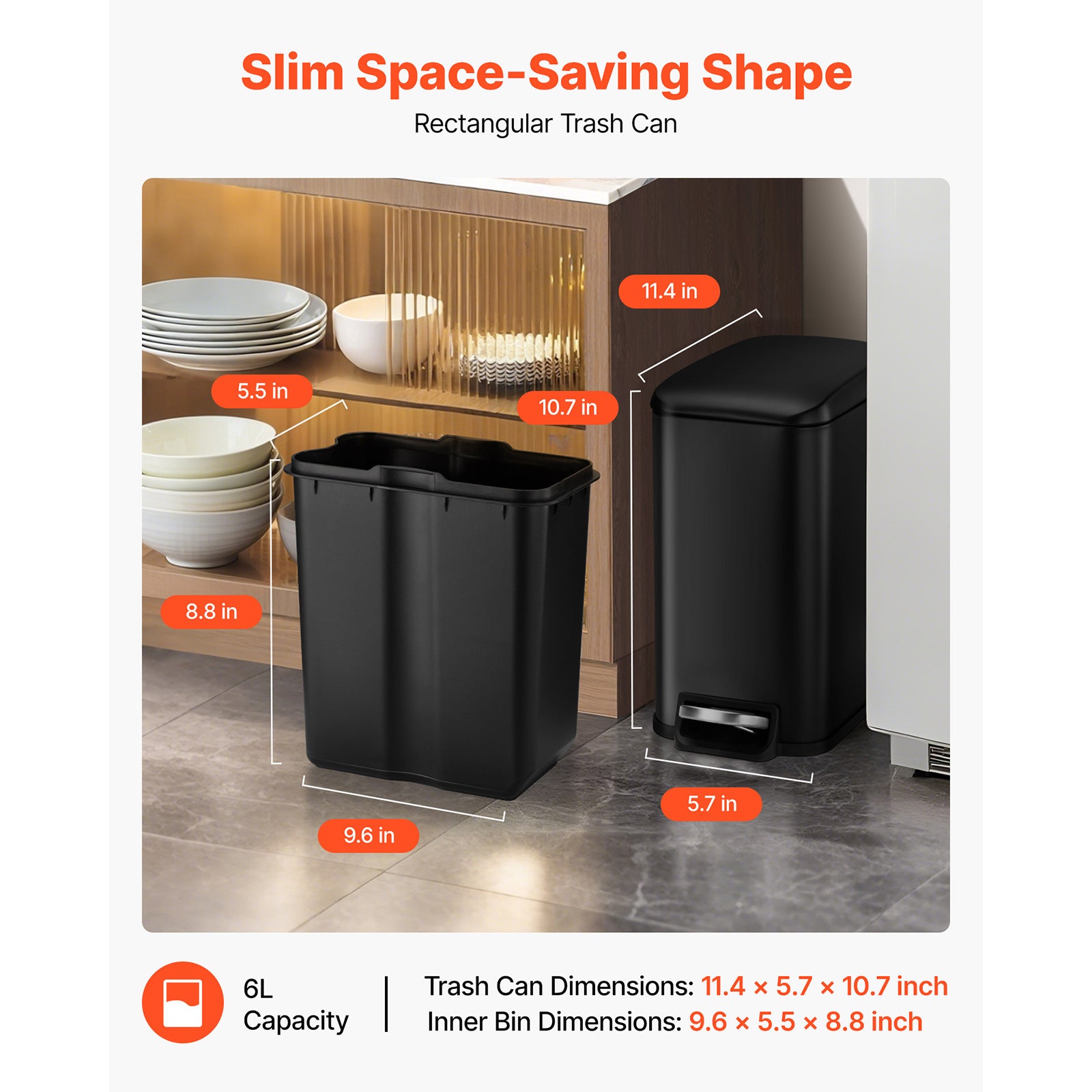 Slim Bathroom Trash Can, 11.4 x 5.71 x 10.7 Inch Small Bedroom Trashcan with Step Pedal & Soft Close Lid, 6L Steel Garbage Can with Detachable Inner Bin, for Kitchen, Home, Dorm, Office, Black