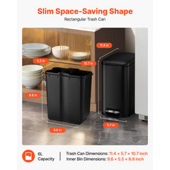 Slim Bathroom Trash Can, 11.4 x 5.71 x 10.7 Inch Small Bedroom Trashcan with Step Pedal & Soft Close Lid, 6L Steel Garbage Can with Detachable Inner Bin, for Kitchen, Home, Dorm, Office, Black