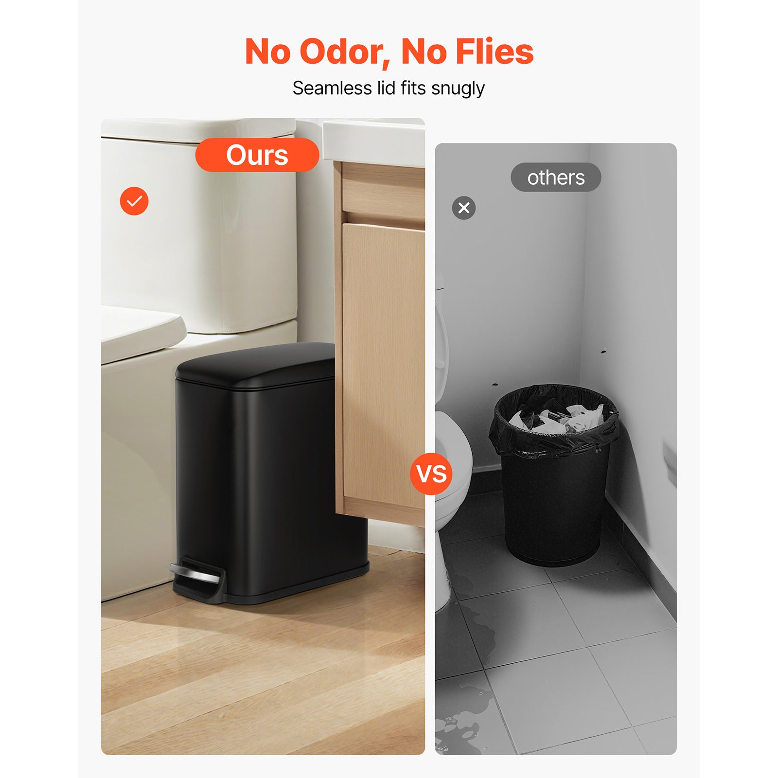 Slim Bathroom Trash Can, 11.4 x 5.71 x 10.7 Inch Small Bedroom Trashcan with Step Pedal & Soft Close Lid, 6L Steel Garbage Can with Detachable Inner Bin, for Kitchen, Home, Dorm, Office, Black