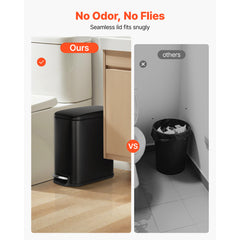 Slim Bathroom Trash Can, 11.4 x 5.71 x 10.7 Inch Small Bedroom Trashcan with Step Pedal & Soft Close Lid, 6L Steel Garbage Can with Detachable Inner Bin, for Kitchen, Home, Dorm, Office, Black