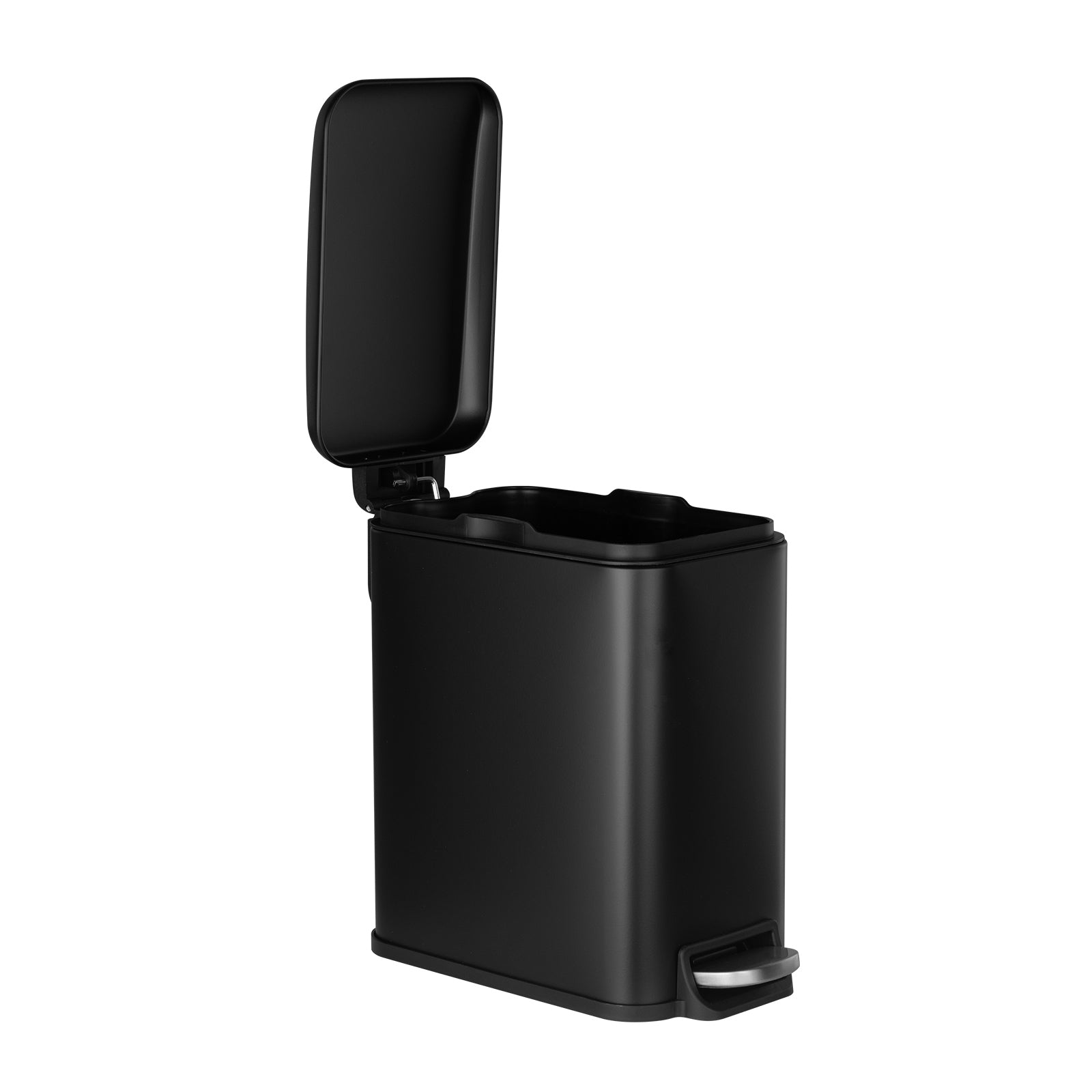 Slim Bathroom Trash Can, 11.4 x 5.71 x 10.7 Inch Small Bedroom Trashcan with Step Pedal & Soft Close Lid, 6L Steel Garbage Can with Detachable Inner Bin, for Kitchen, Home, Dorm, Office, Black