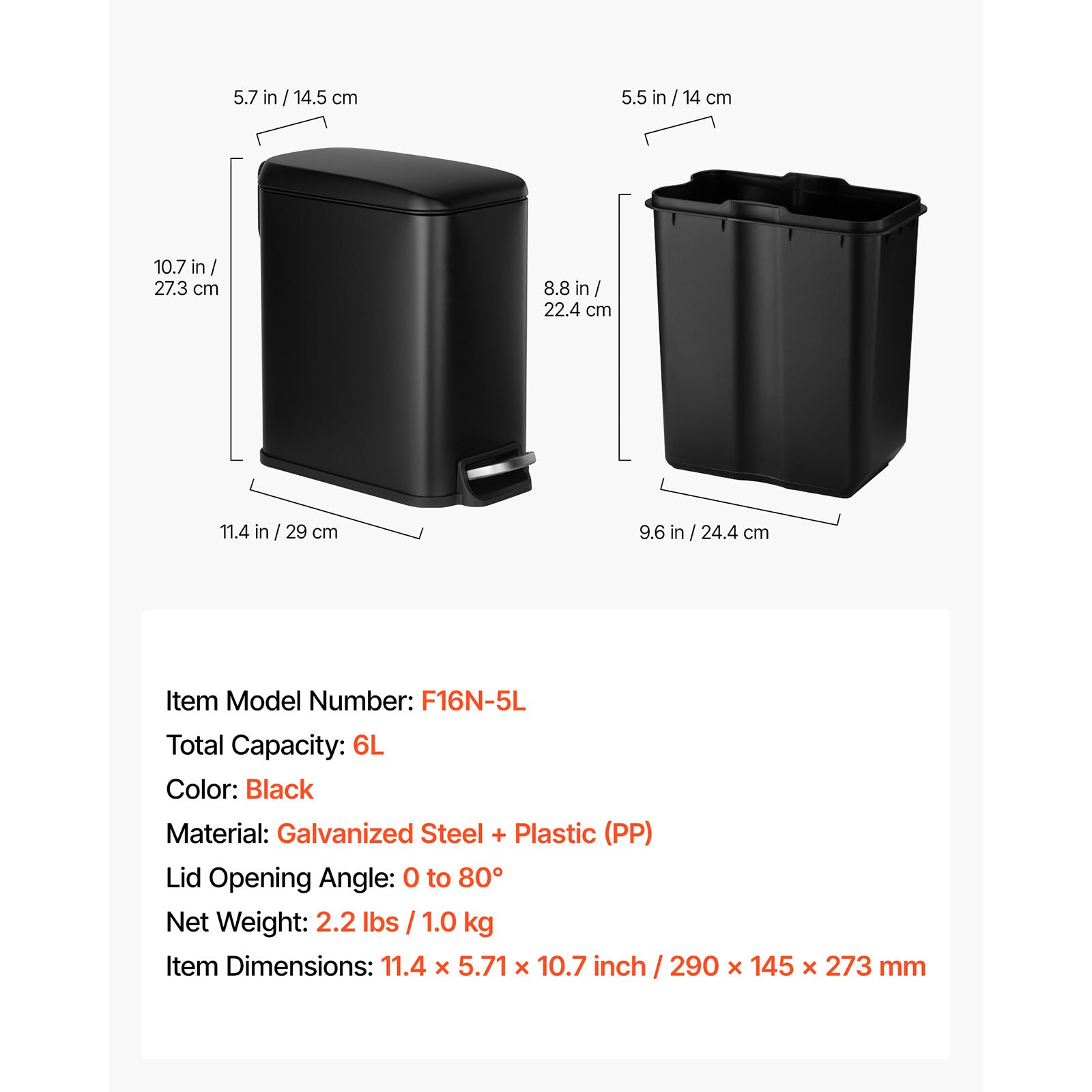 Slim Bathroom Trash Can, 11.4 x 5.71 x 10.7 Inch Small Bedroom Trashcan with Step Pedal & Soft Close Lid, 6L Steel Garbage Can with Detachable Inner Bin, for Kitchen, Home, Dorm, Office, Black