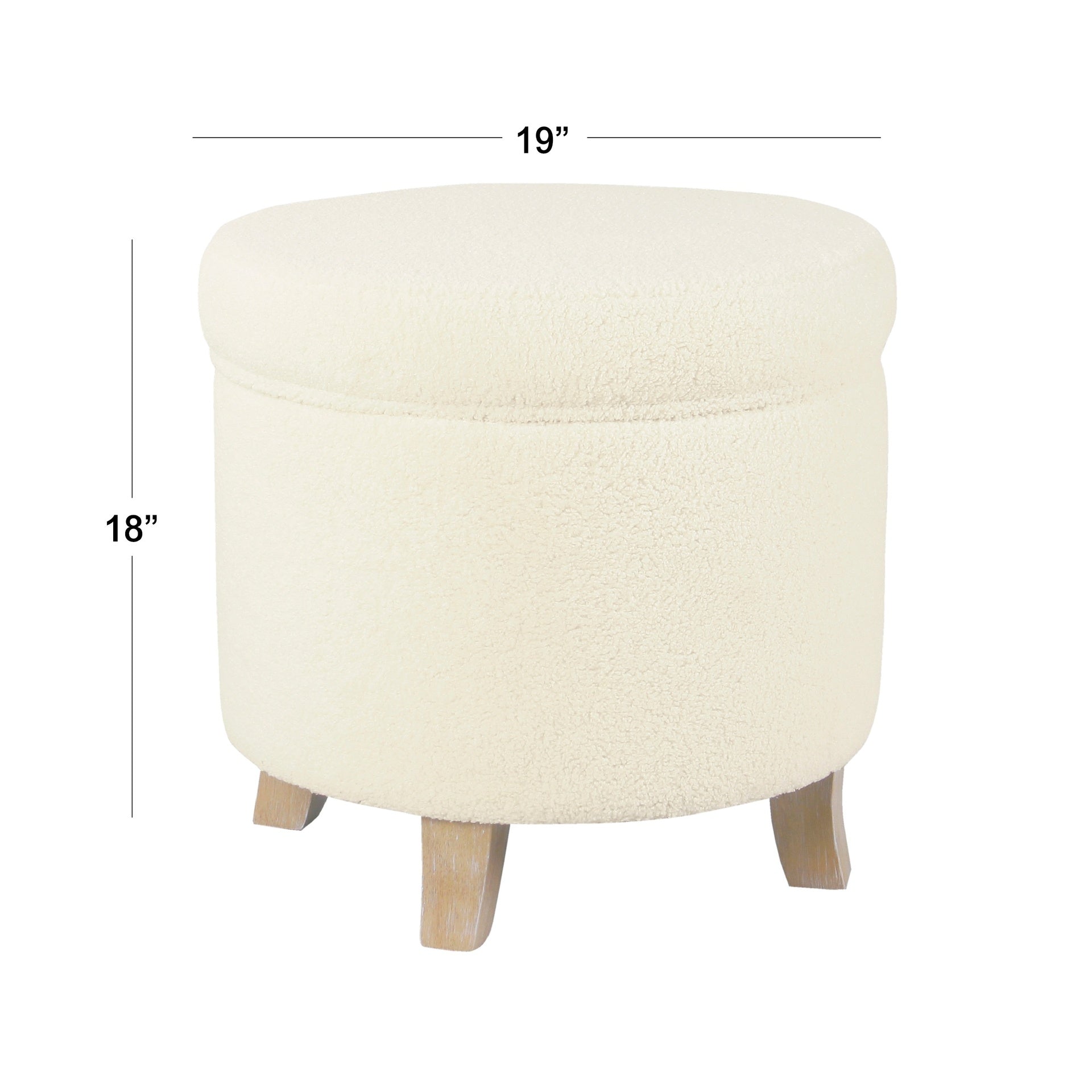 Loni Round Storage Ottoman, 19 Inch Beige Faux Sheepskin, Wood Legs