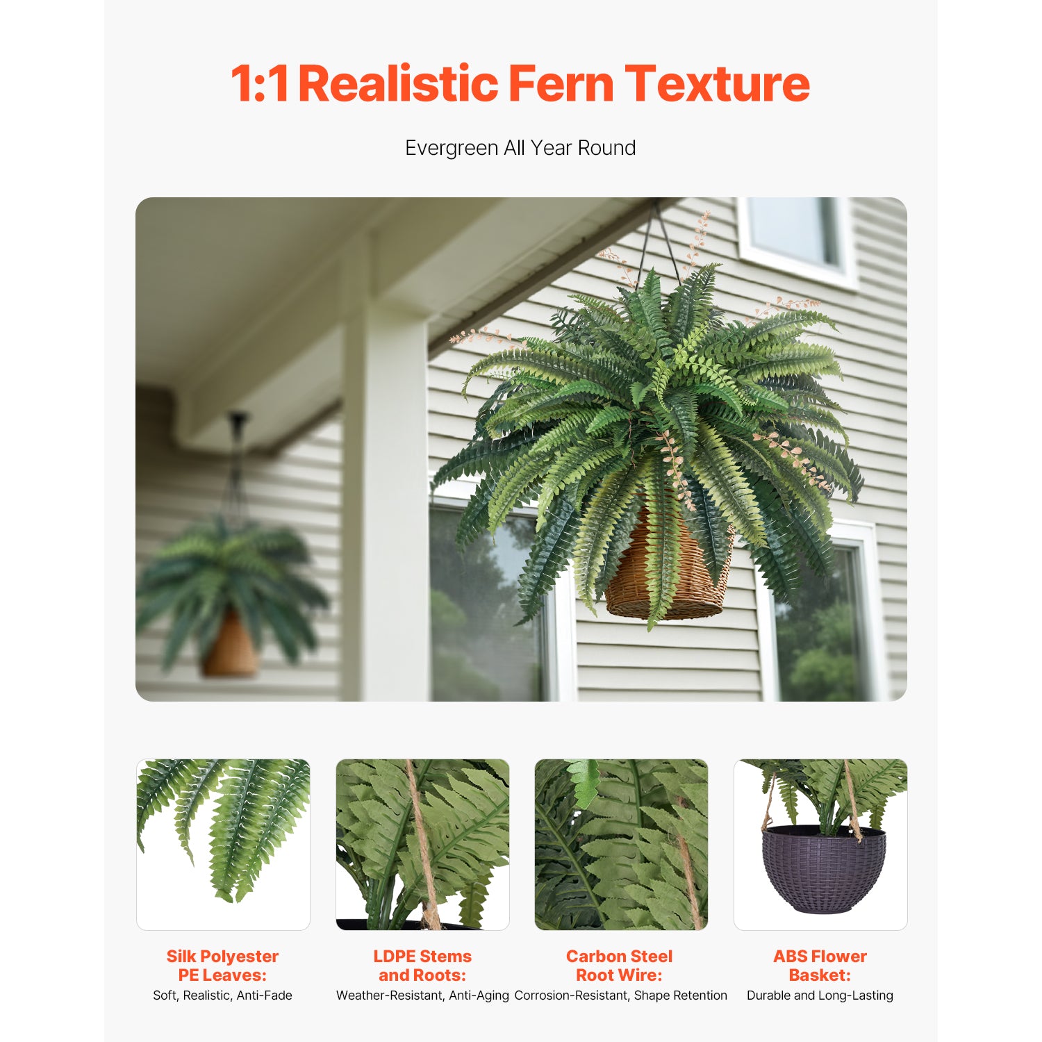 Artificial Ferns, Natural Spread Diameter 37-41 Inch, Large Hanging Fake Boston Ferns, Sunlight Resistant Fake Plant Wall Decor with 80 Branches and Flowerpot, Faux Fern for Home Office Outdoor