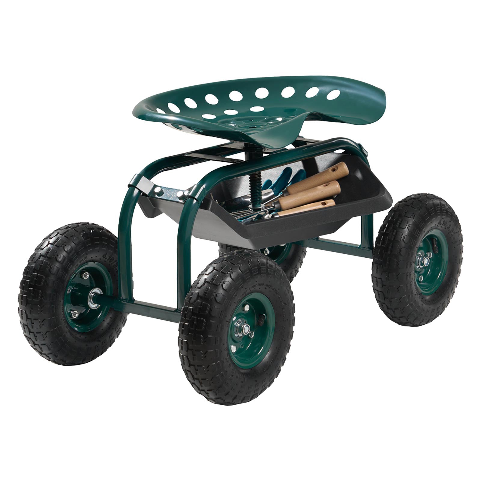 Outdoor Rolling Garden Cart with Swivel Seat All-Terrain Wheels Tool Tray 300lbs