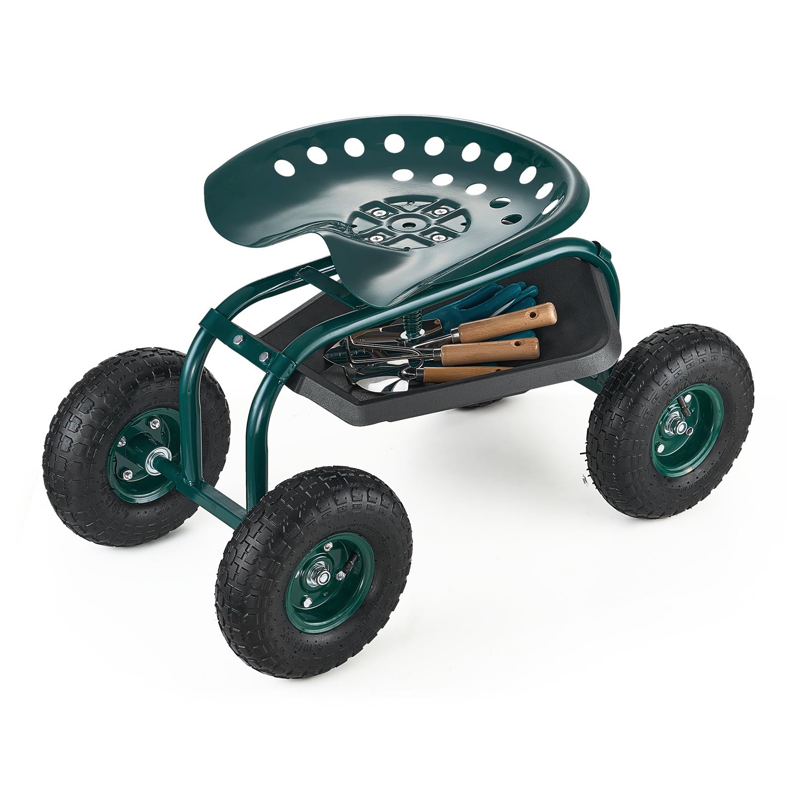 Outdoor Rolling Garden Cart with Swivel Seat All-Terrain Wheels Tool Tray 300lbs