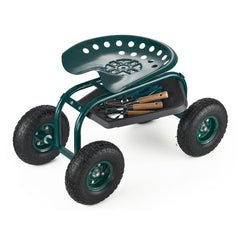 Outdoor Rolling Garden Cart with Swivel Seat All-Terrain Wheels Tool Tray 300lbs