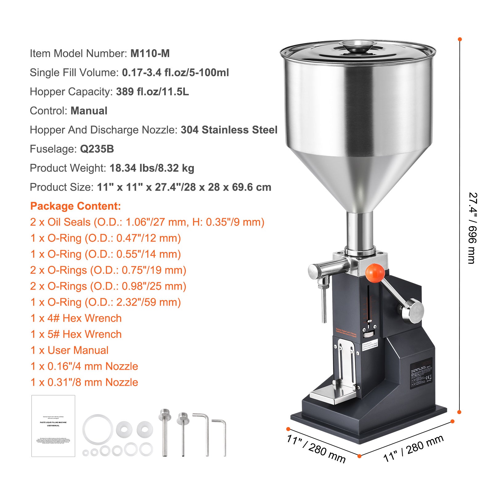 Manual Paste Liquid Filling Machine, 5-100ml Bottle Filler, Adjustable Bottle Filling Machine, Stainless Steel Liquid Filler with Hopper for Milk Water Juice Essential Oil Shampoo Cosmetic Honey