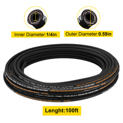Hydraulic Hose 1/4 inch x 100 ft, Coiled Hydraulic Hose 5800 PSI, Rubber Hydraulic Hose with 2 High-Tensile Steel Wire Braid, Bulk Hydraulic Hose -20℃ to 140℃, Hydraulic Oil Flexible Hose