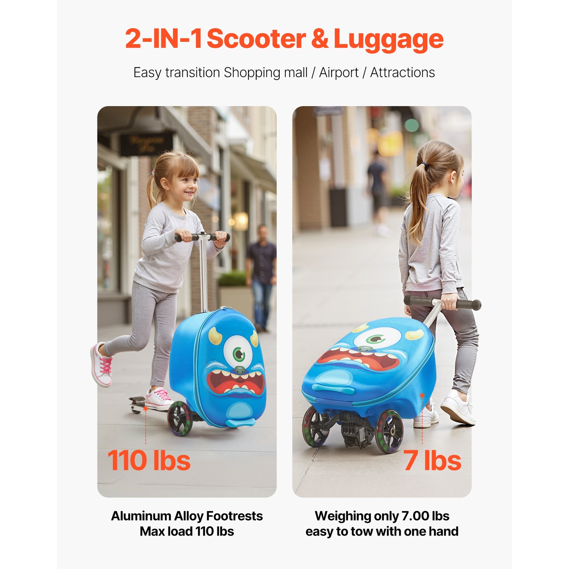 Ride-on Luggage 20-inch Kids Scooter Suitcase with Flash Wheels Blue