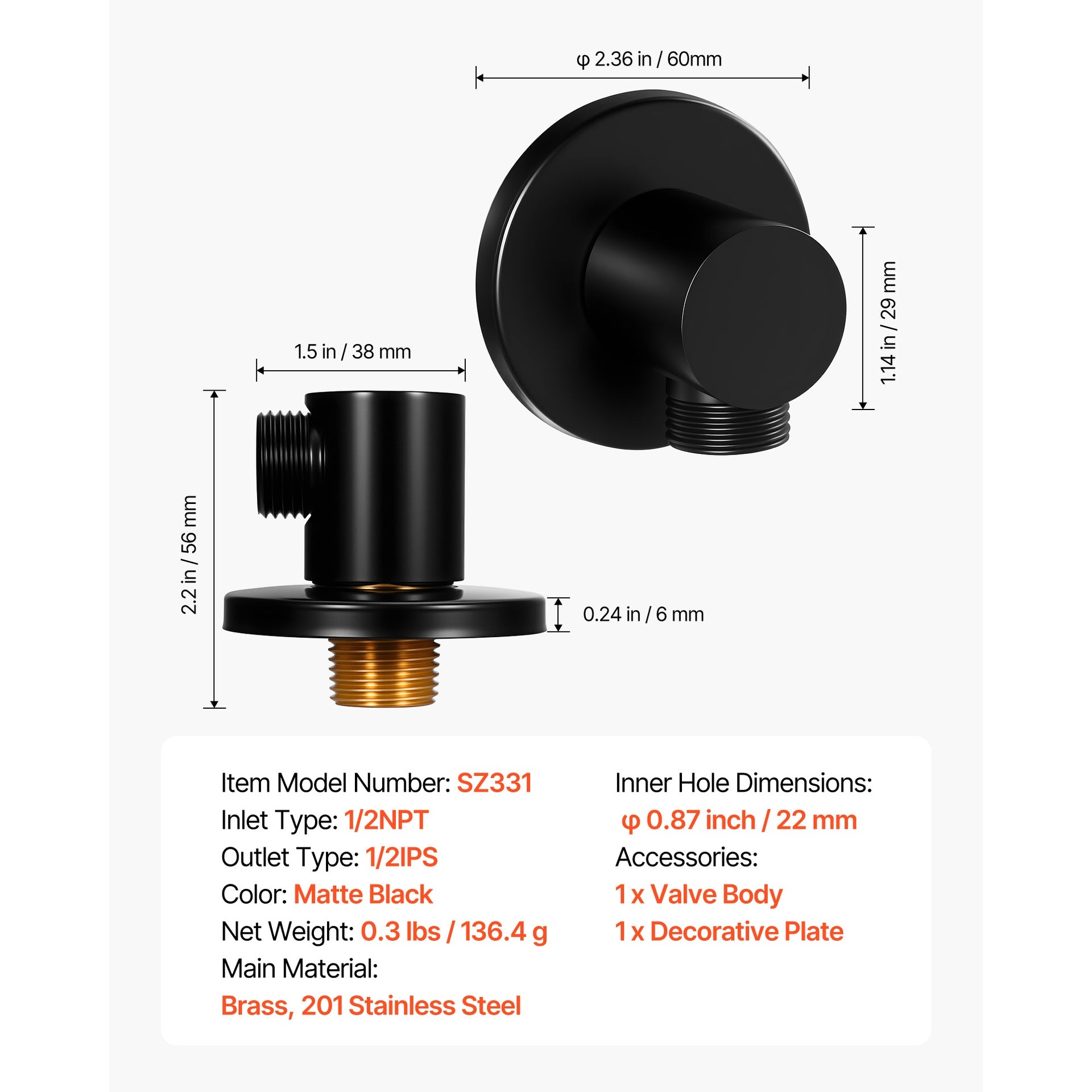 Wall Mounted Supply Elbow, Wall Supply Elbow with O-Ring Flange, Tapered 1/2" NPT Female Inlet, Solid Brass Wall Union, Round Walls Union Water Supplying, Matte Black Finish, 1/2" IPS