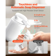Soap Dispenser, 300 ml / 10 oz, Rechargeable Automatic Hand Soap Dispenser with Pump, 2 Adjustable Levels, Modern Touchless Liquid Foam Container with Indicator for Bathroom and Kitchen, White