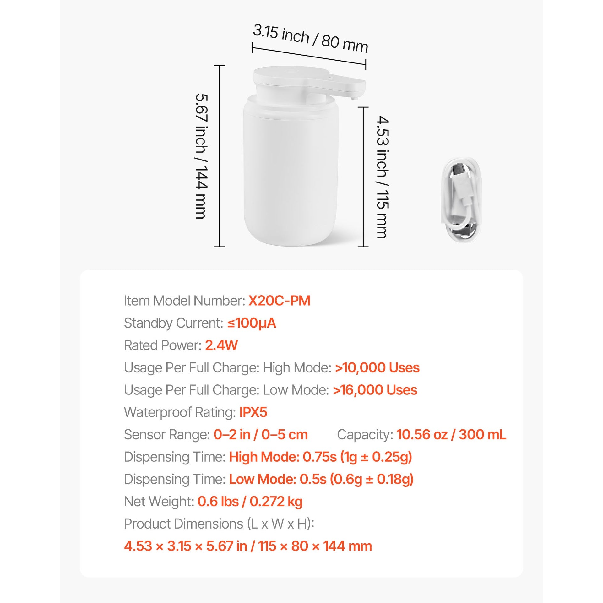 Soap Dispenser, 300 ml / 10 oz, Rechargeable Automatic Hand Soap Dispenser with Pump, 2 Adjustable Levels, Modern Touchless Liquid Foam Container with Indicator for Bathroom and Kitchen, White