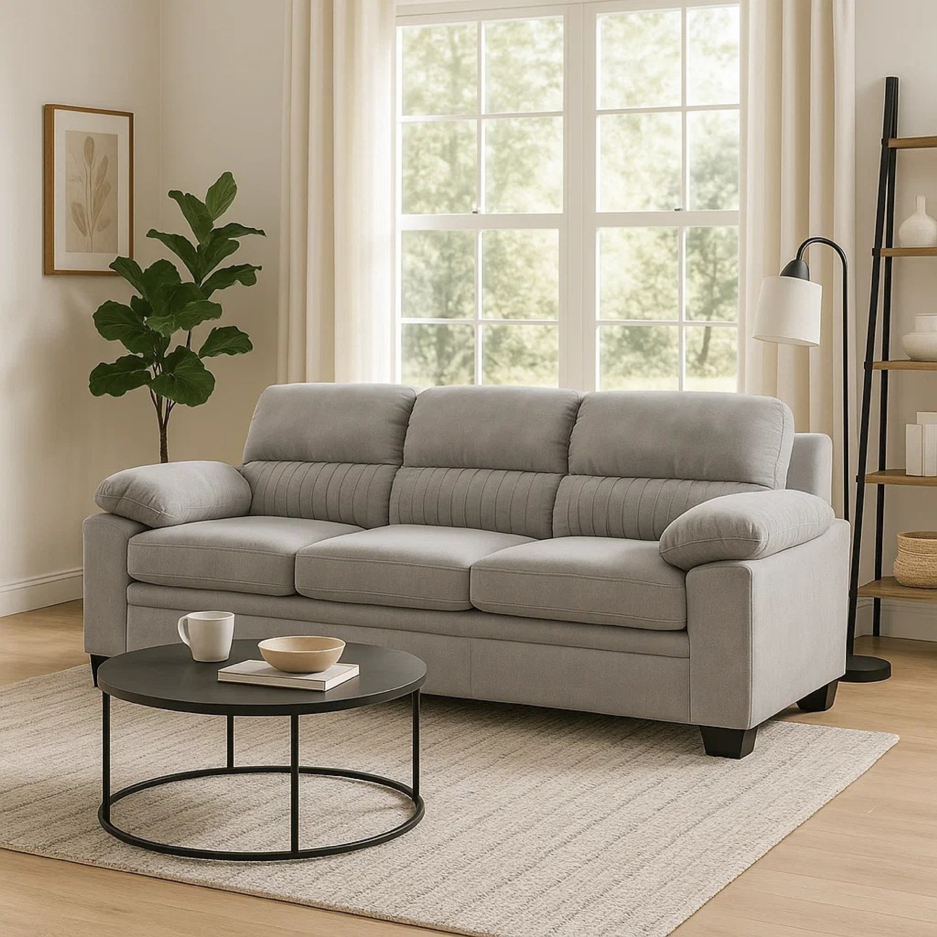 Hugh 80 Inch Sofa, Gray Polyester, Soft Foam Cushioned, Solid Wood Frame