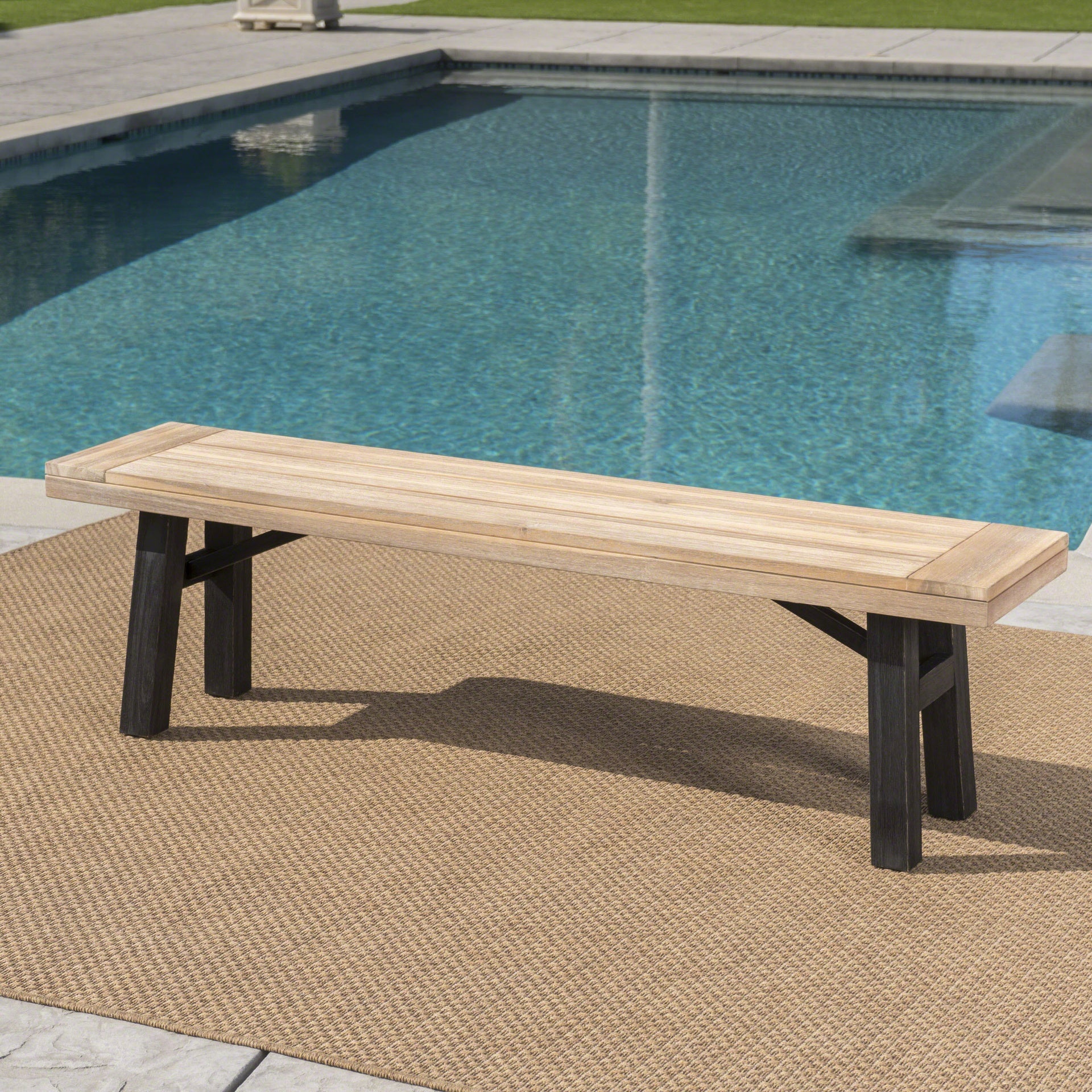 Outdoor Bench with Slat Panel Design and Acacia Wood Frame, Natural and Grey
