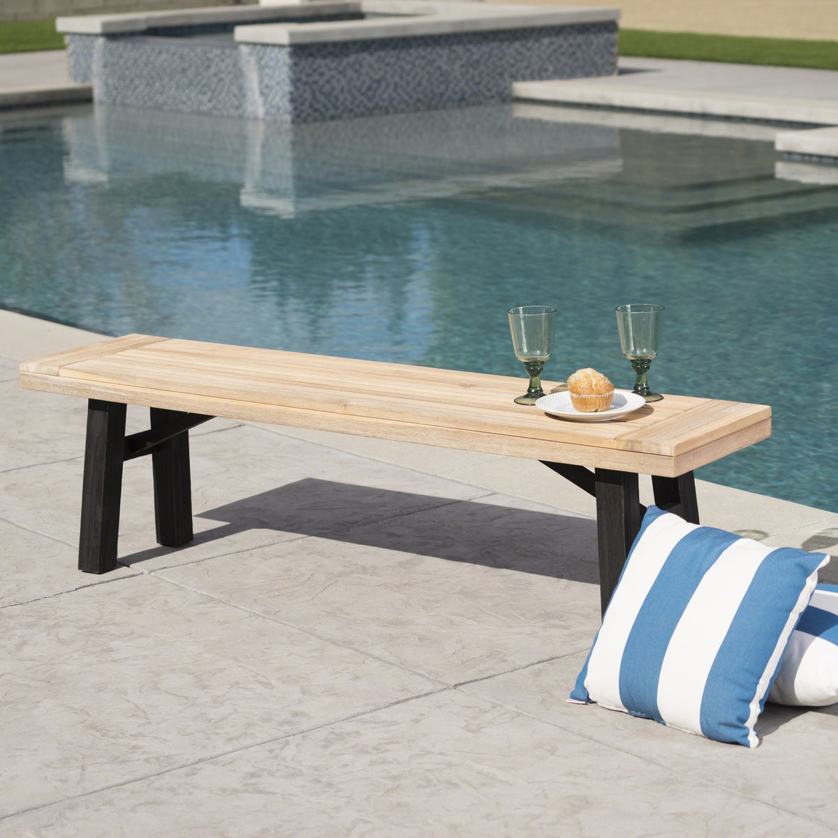 Outdoor Bench with Slat Panel Design and Acacia Wood Frame, Natural and Grey