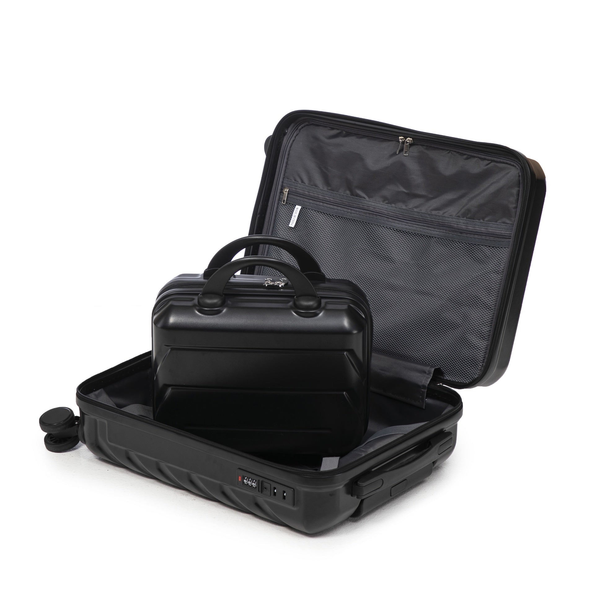 14"/20" 2 pcs/set in ABS Spinner Wheel Luggage, with Combination Lock,14" Cosmetic Case (Black)