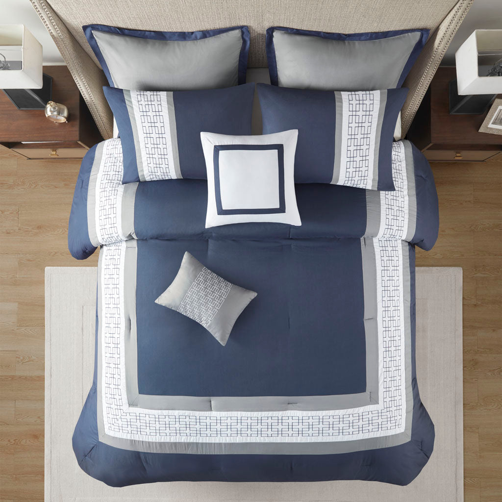 8 Piece Embroidered Comforter Set Navy Queen