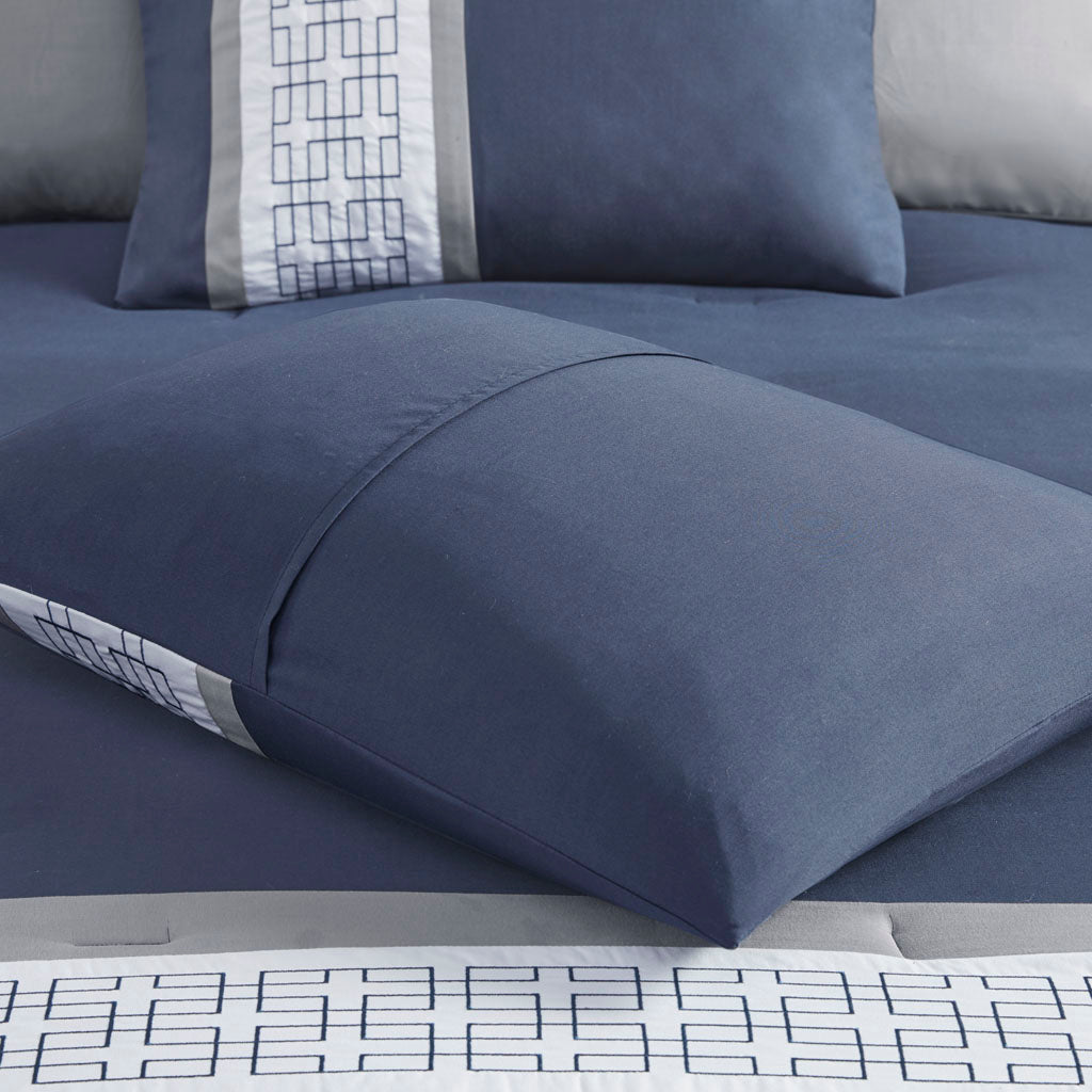 8 Piece Embroidered Comforter Set Navy Queen