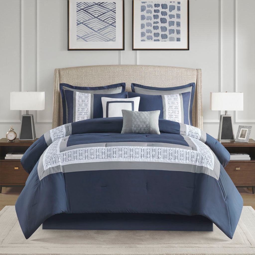 8 Piece Embroidered Comforter Set Navy Queen