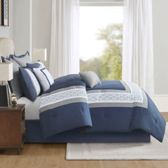 8 Piece Embroidered Comforter Set Navy King