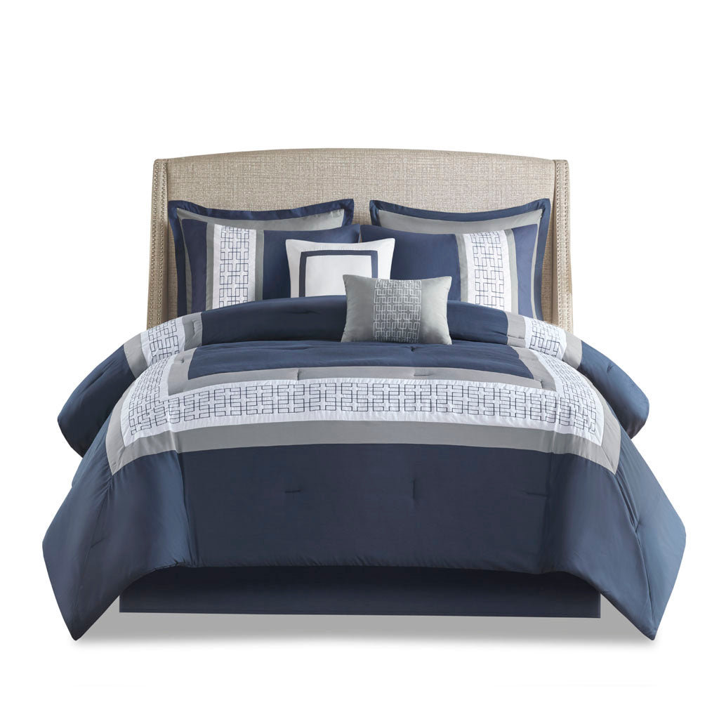 8 Piece Embroidered Comforter Set Navy King