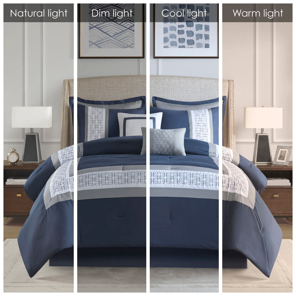 8 Piece Embroidered Comforter Set Navy King