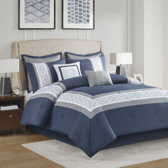 8 Piece Embroidered Comforter Set Navy King