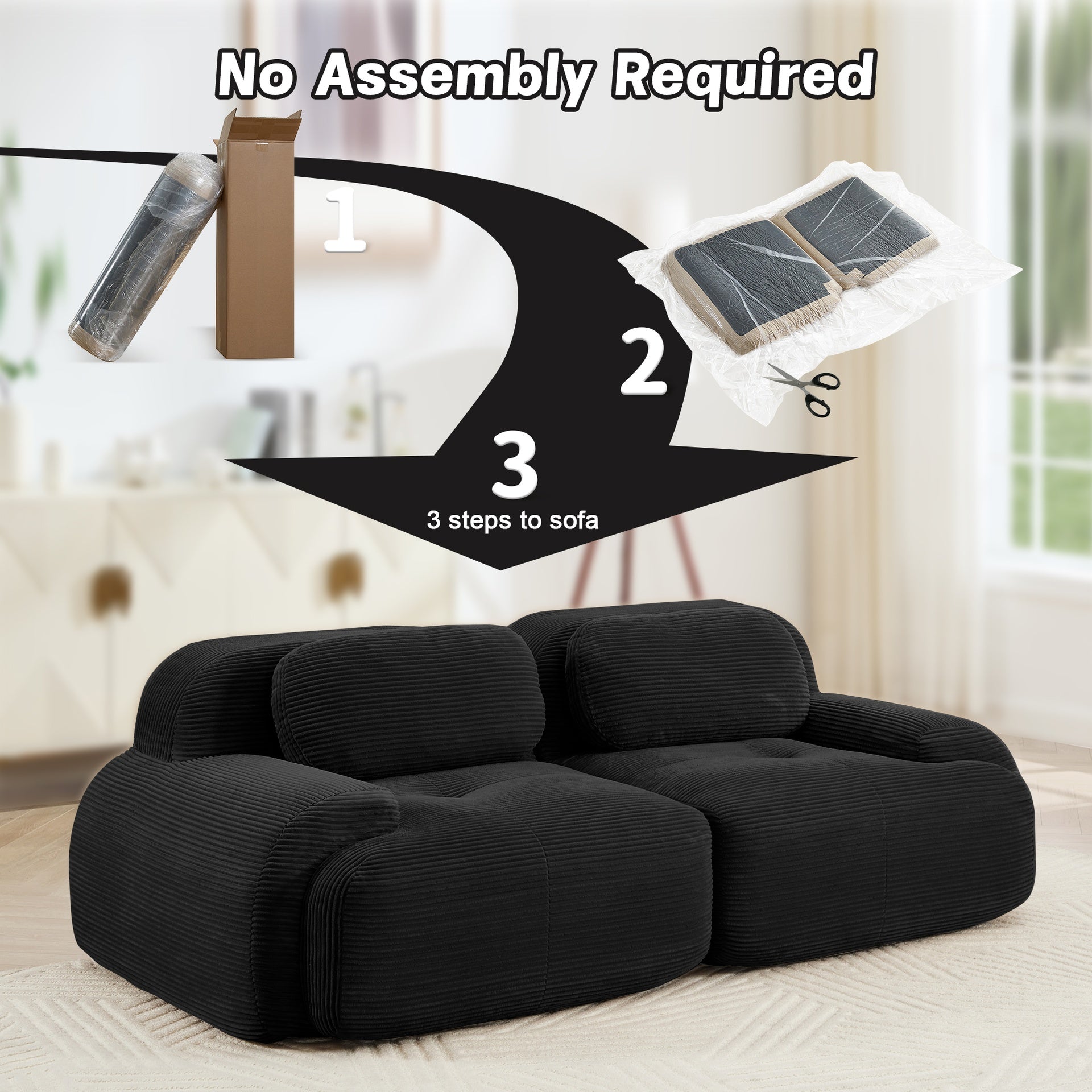 82'' loveseat sofa in luxuryCorduroy Fabric modular for free combo separation curved armrests ,anti-slip design high-resilience sponge fits living rooms bedrooms Audiovisual Room, Black