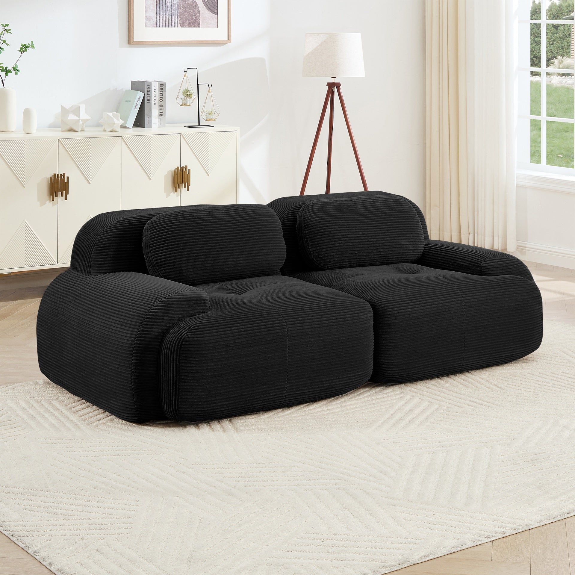 82'' loveseat sofa in luxuryCorduroy Fabric modular for free combo separation curved armrests ,anti-slip design high-resilience sponge fits living rooms bedrooms Audiovisual Room, Black