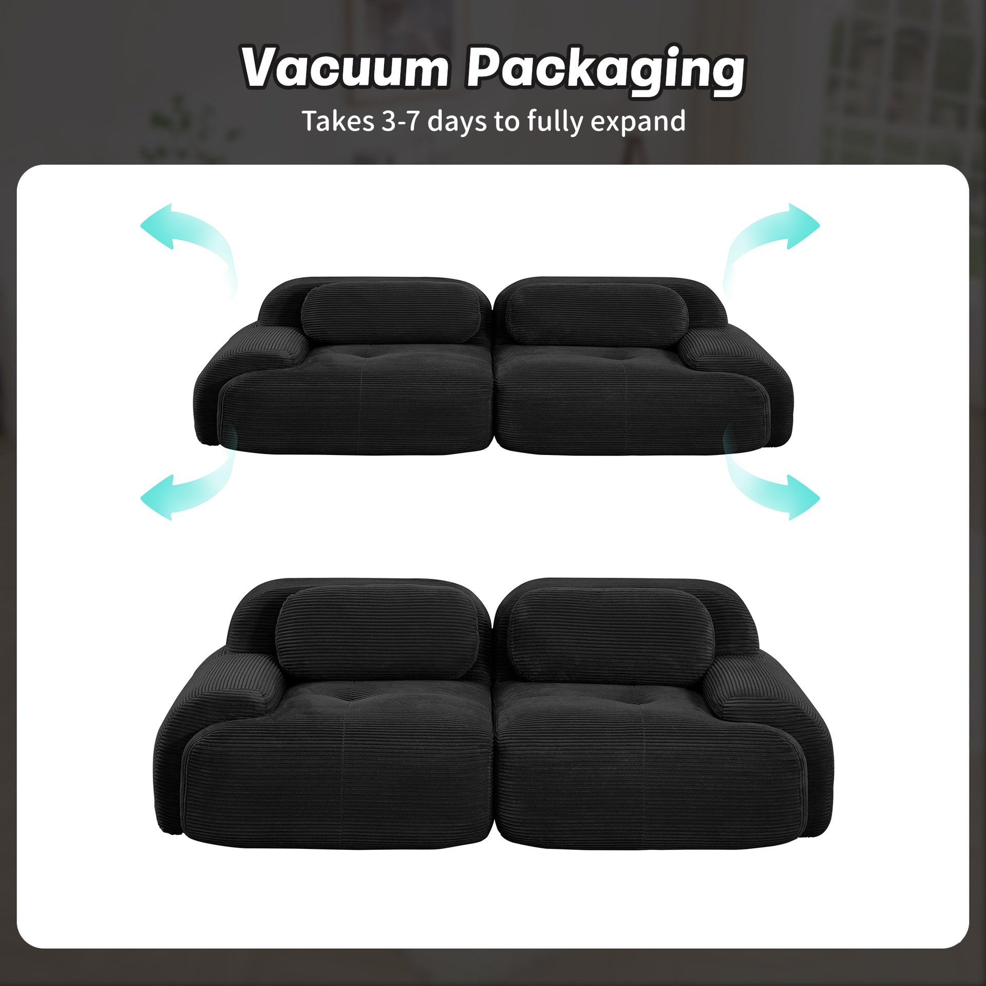 82'' loveseat sofa in luxuryCorduroy Fabric modular for free combo separation curved armrests ,anti-slip design high-resilience sponge fits living rooms bedrooms Audiovisual Room, Black