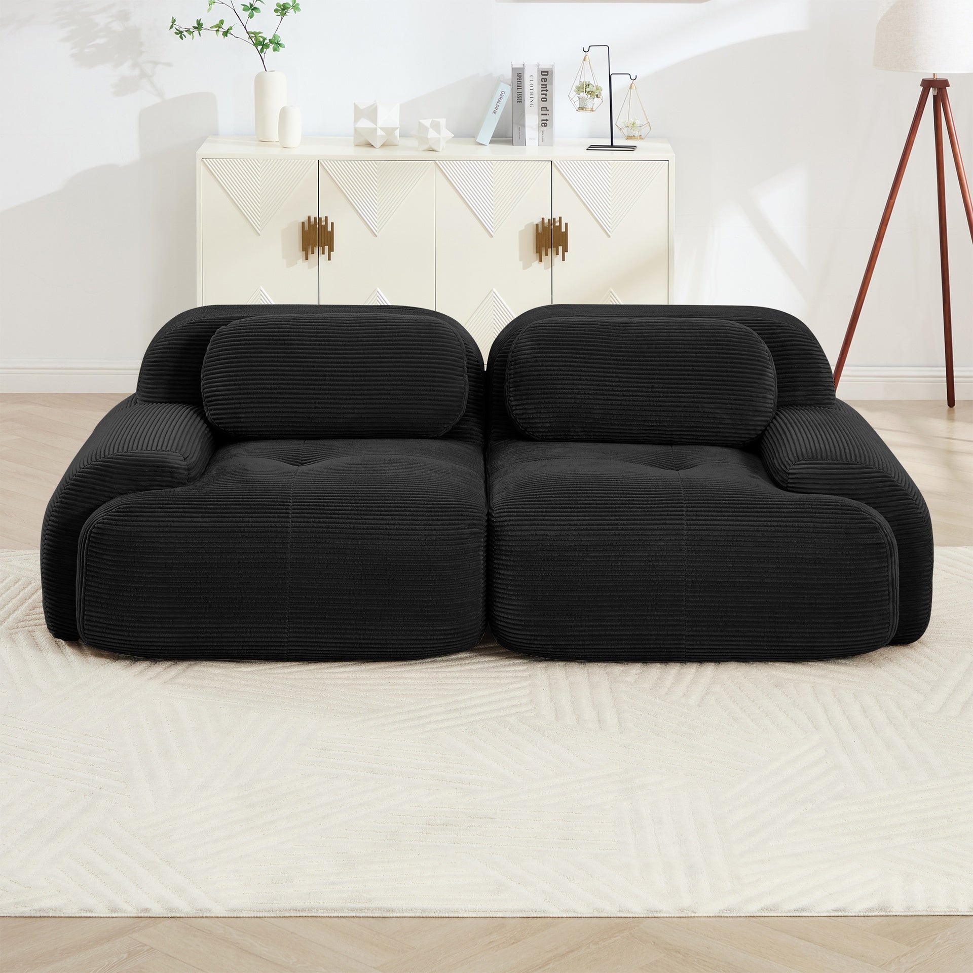 82'' loveseat sofa in luxuryCorduroy Fabric modular for free combo separation curved armrests ,anti-slip design high-resilience sponge fits living rooms bedrooms Audiovisual Room, Black