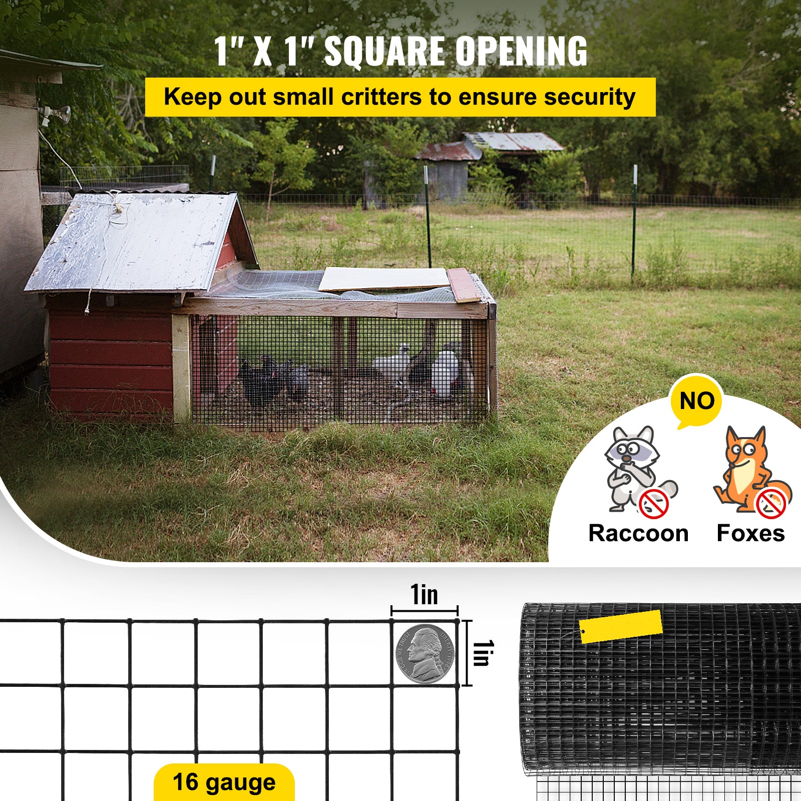 Hardware Cloth, 36" x 50' & 1"x1" Mesh Size, Galvanized Steel Vinyl Coated 16 Gauge Chicken Wire Fencing w/A Cutting Plier & A Pair of Fabric Gloves, for Garden Fencing & Pet Enclosures, Black