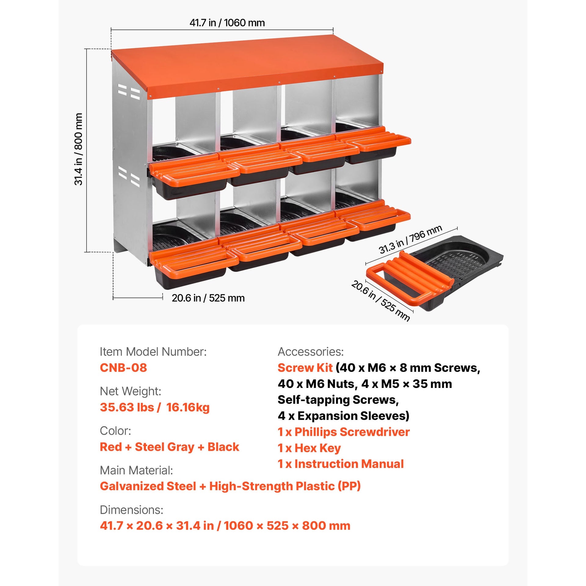 2 Tiers Chicken Nesting Boxes, 8 Compartments, Metal Egg Laying Boxes with Protective Collection Lids, Roll Out Nesting Box, Easy to Assemble, Ideal for Hens, Ducks, Chickens, and Other Poultry