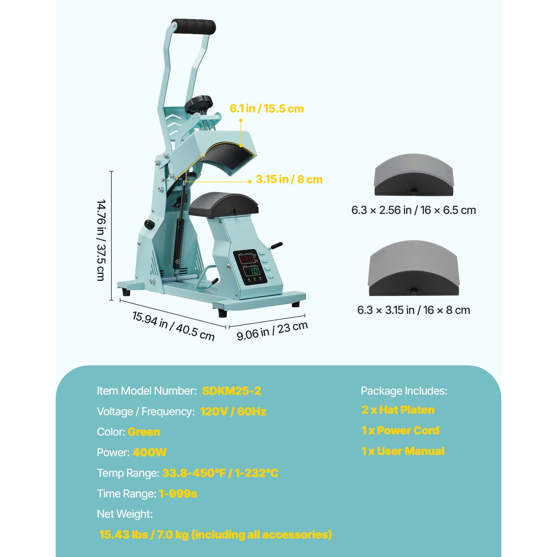 Hat Heat Press Machine for Caps Hat Press with 2pcs Platens for HTV Green
