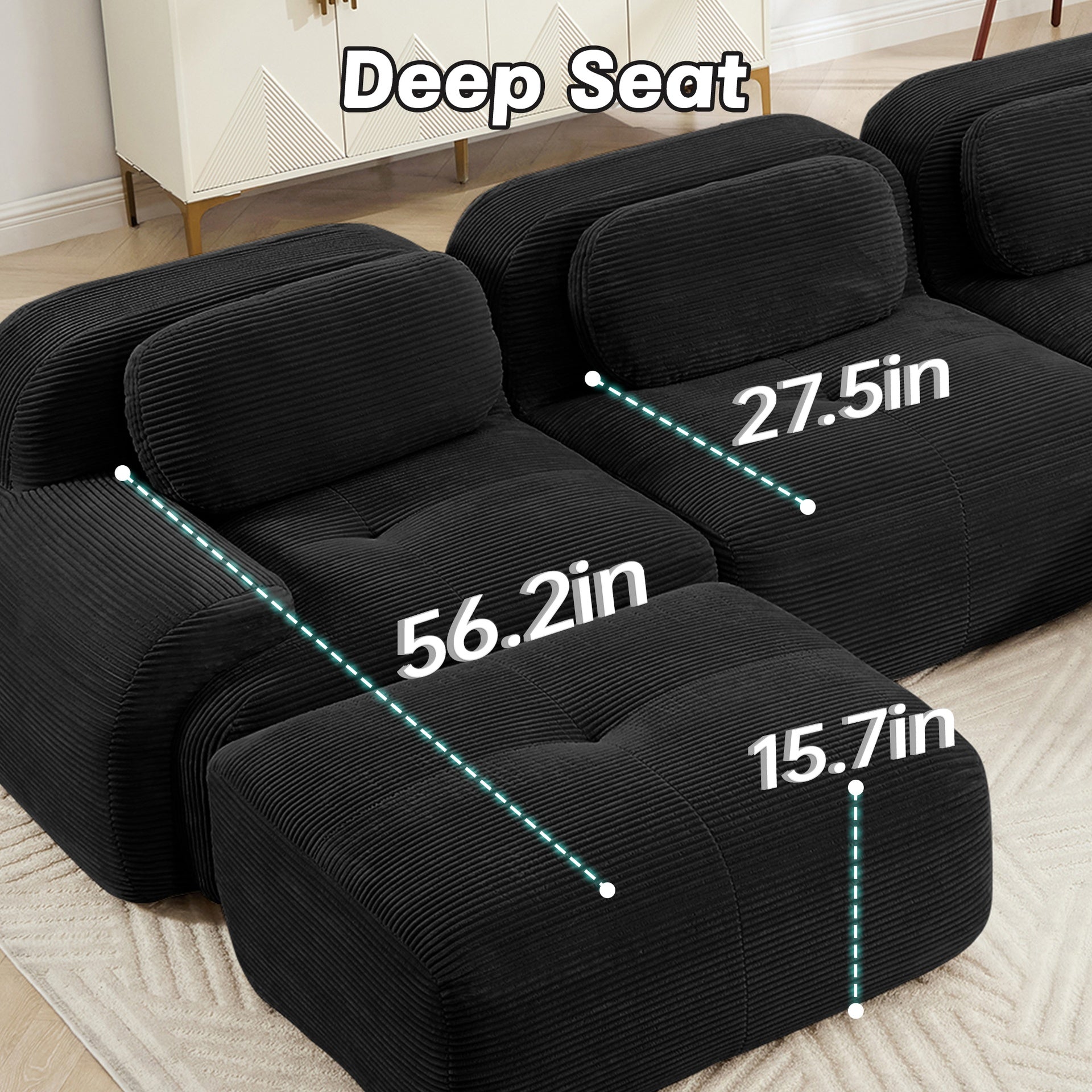 82'' L-shaped sofa in softCorduroy Fabric fabric modular design multiple combinations curved armrests no assembly required high-resilience sponge suitable for living rooms rest areas bedroom,Black