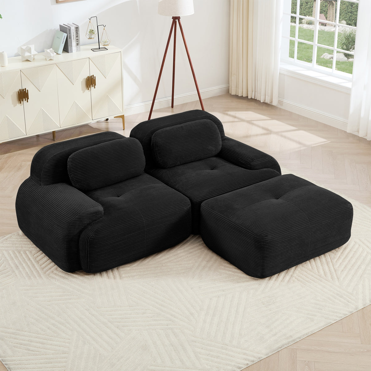 82'' L-shaped sofa in softCorduroy Fabric fabric modular design multiple combinations curved armrests no assembly required high-resilience sponge suitable for living rooms rest areas bedroom,Black