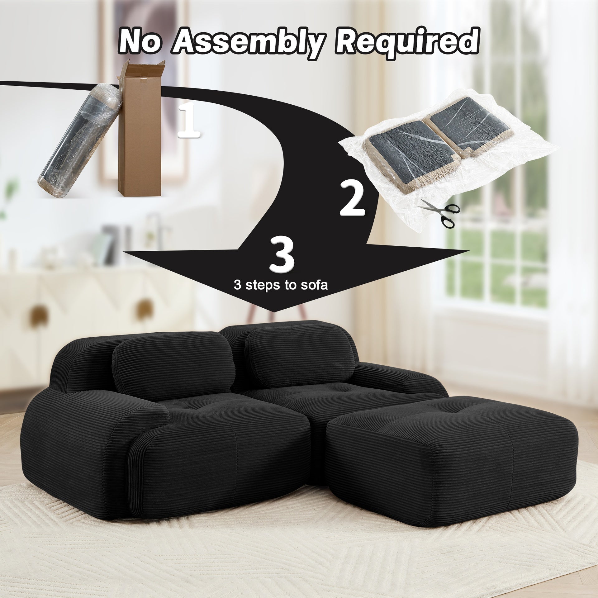 82'' L-shaped sofa in softCorduroy Fabric fabric modular design multiple combinations curved armrests no assembly required high-resilience sponge suitable for living rooms rest areas bedroom,Black