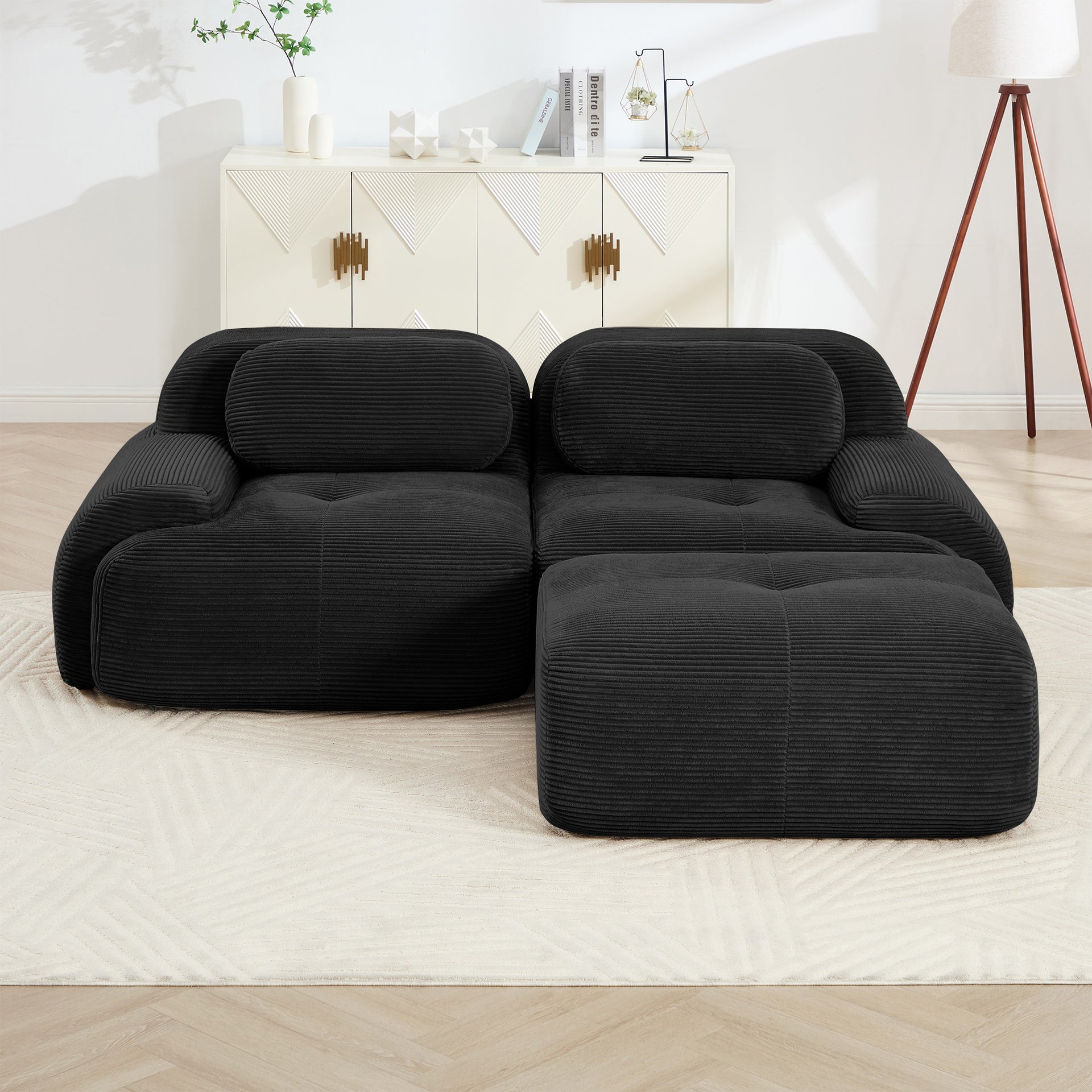 82'' L-shaped sofa in softCorduroy Fabric fabric modular design multiple combinations curved armrests no assembly required high-resilience sponge suitable for living rooms rest areas bedroom,Black