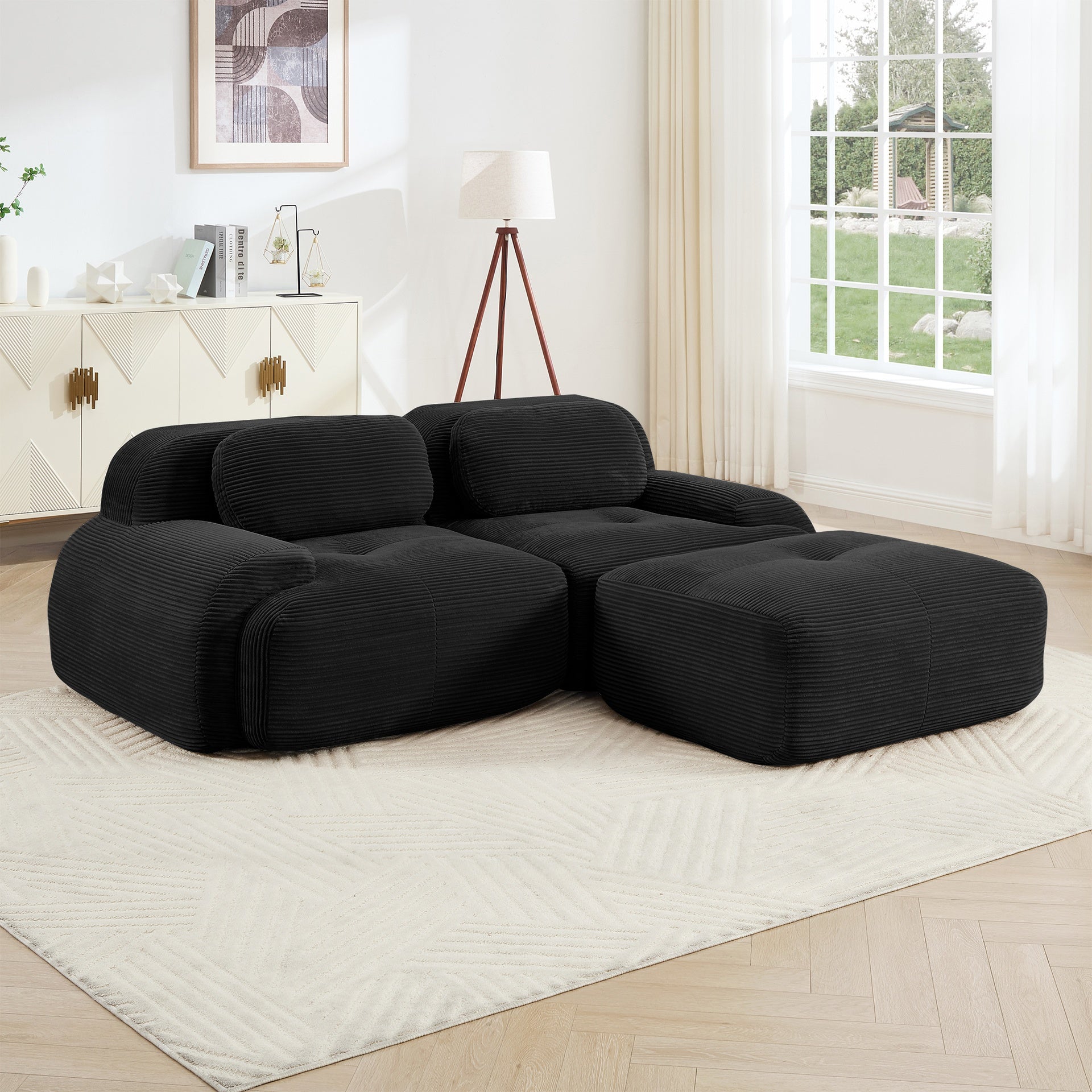 82'' L-shaped sofa in softCorduroy Fabric fabric modular design multiple combinations curved armrests no assembly required high-resilience sponge suitable for living rooms rest areas bedroom,Black