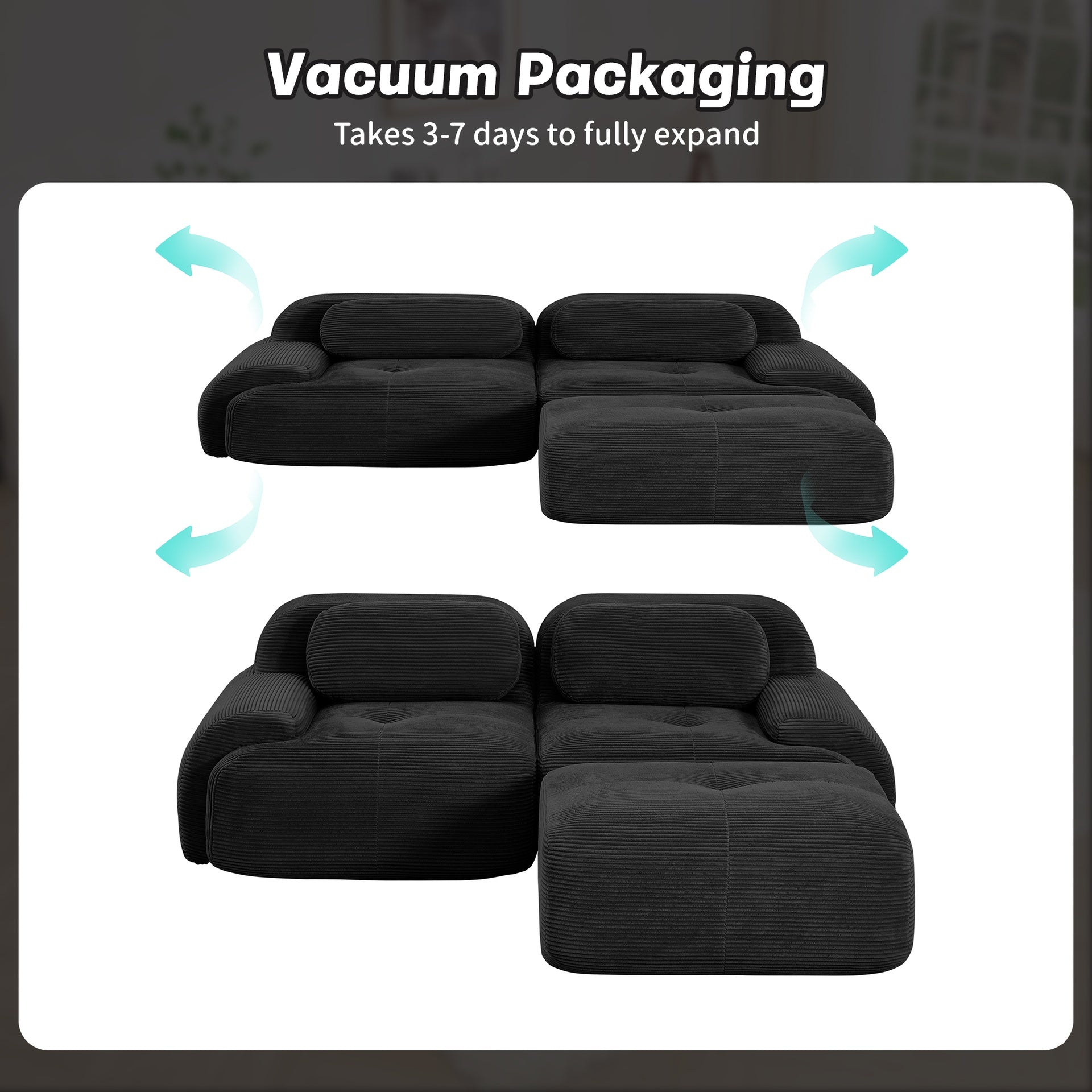 82'' L-shaped sofa in softCorduroy Fabric fabric modular design multiple combinations curved armrests no assembly required high-resilience sponge suitable for living rooms rest areas bedroom,Black