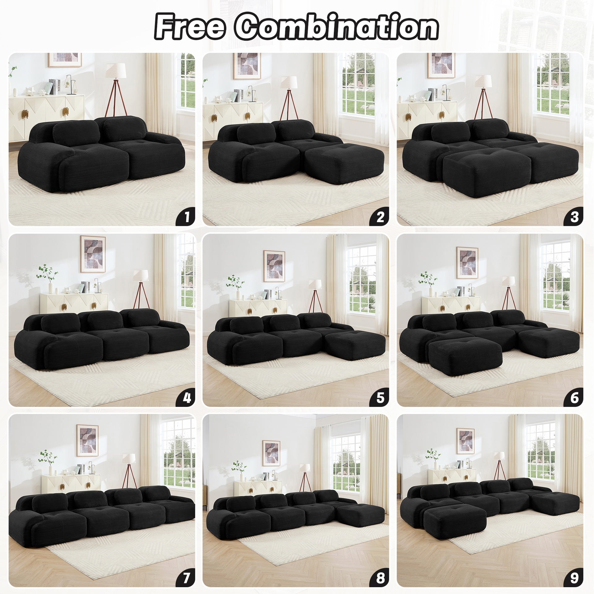 82'' L-shaped sofa in softCorduroy Fabric fabric modular design multiple combinations curved armrests no assembly required high-resilience sponge suitable for living rooms rest areas bedroom,Black