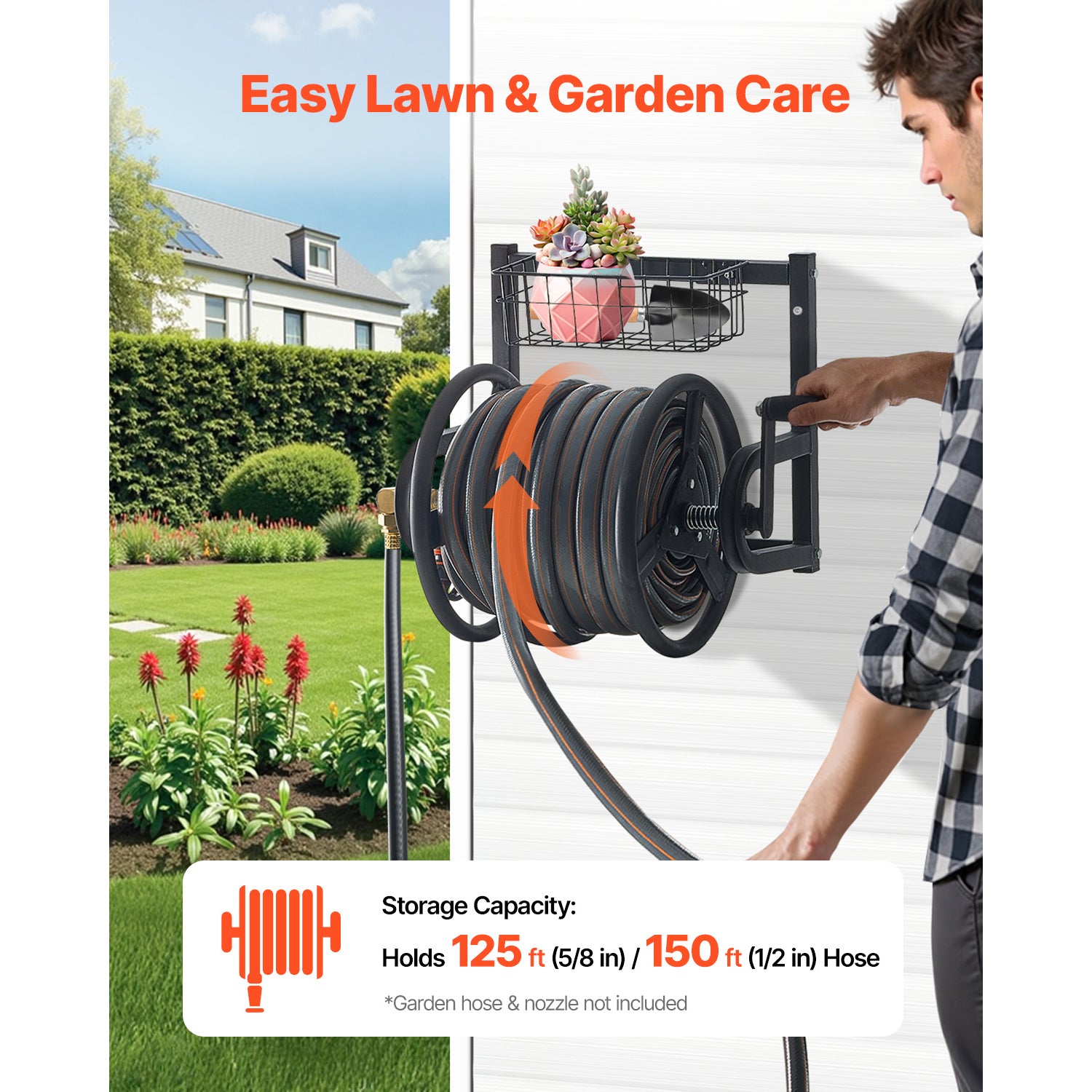Wall Mounted Garden Hose Reel 125ft 5/8 in Hose Holder Brass Fitting & Basket