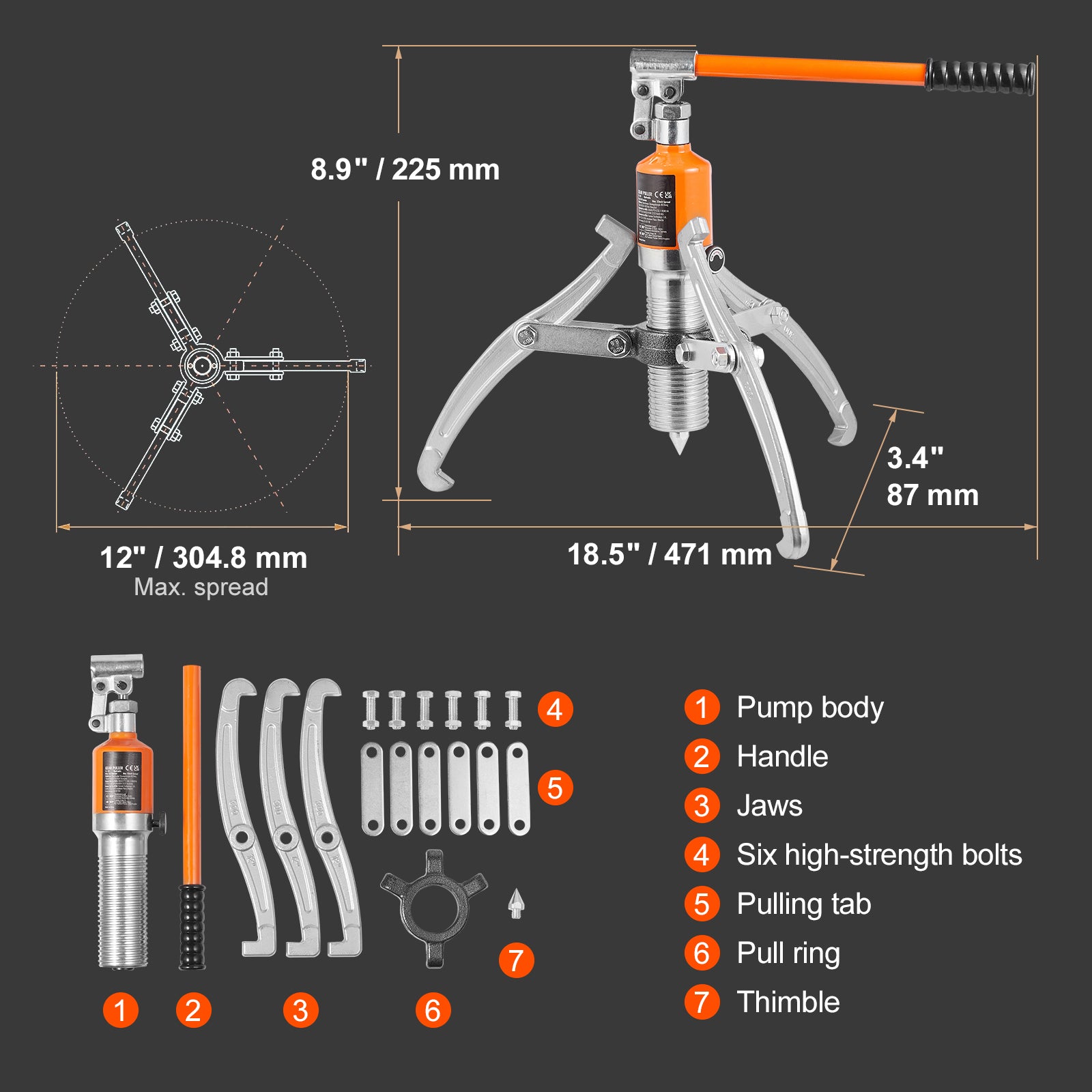 Hydraulic Gear Puller, 15 Ton Max Capacity Wheel Bearing Pulling Separator, 2 or 3 Jaws Puller, Vertically and Horizontally, 12" Jaw Hydraulic Puller with Case for Pulling Hubs